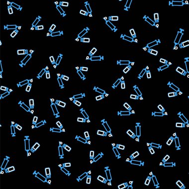 İğne ve tüp ya da ampul ikonlu çizgi tıbbi şırınga siyah arka planda izole edilmiş. Aşı, iğne, aşı, insülin konsepti. Vektör