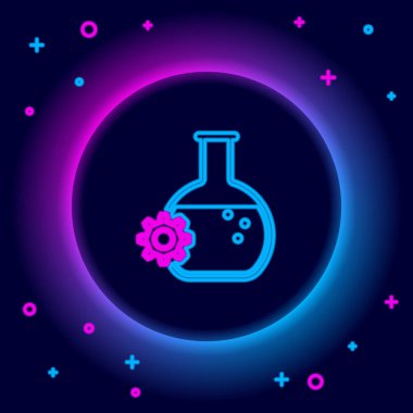 Parlayan neon hattı biyomühendislik simgesi siyah arkaplanda izole edildi. Genetik elementi ve biyomühendislik ikonu. Biyoloji, molekül, kimyasal ikon. Renkli taslak konsepti. Vektör