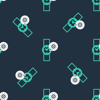 Çizgi bilek saati ve vites simgesi siyah arkaplanda izole edilmiş. Uygulama, servis konsepti, ayar seçenekleri, bakım, onarım, onarım. Vektör