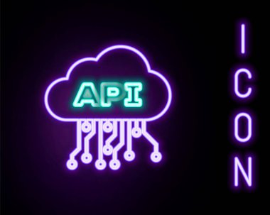 Parlayan neon hattı Cloud api arayüz simgesi siyah arkaplanda izole edildi. Uygulama programlama arayüzü API teknolojisi. Yazılım entegrasyonu Renkli taslak konsepti. Vektör