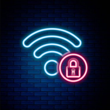 Parlayan neon hattı Wifi, tuğla duvar arka planında izole edilmiş işaret simgesini kilitledi. Şifre kablosuz ağ sembolü. Kablosuz ağ simgesi. Karı bölgesi. Renkli taslak konsepti. Vektör