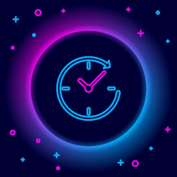 Glowing Neon Line Clock Arrow Icon Isolated Black Background Time — Stock Vector