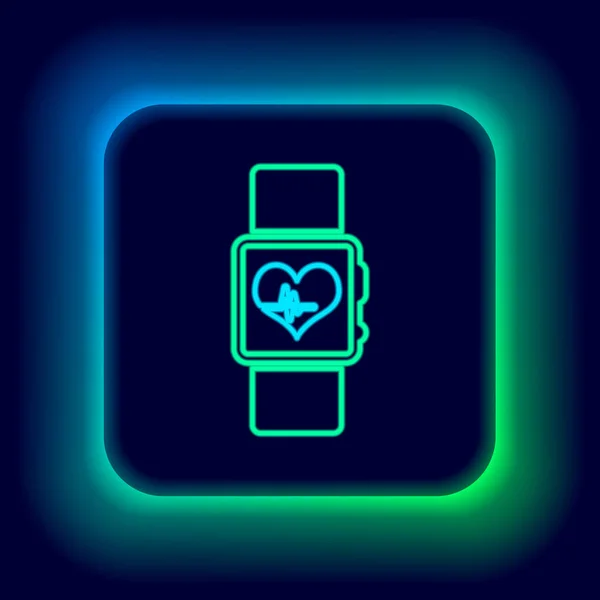 发光的霓虹灯线智能手表显示心脏跳动率图标孤立在黑色背景 健身应用的概念 五彩缤纷的概念 — 图库矢量图片