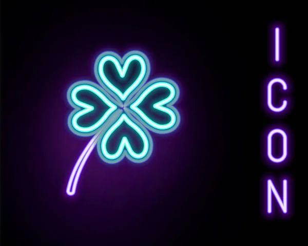 Leuchtende Neon Linie Vier Blatt Kleeblatt Symbol Isoliert Auf Schwarzem — Stockvektor