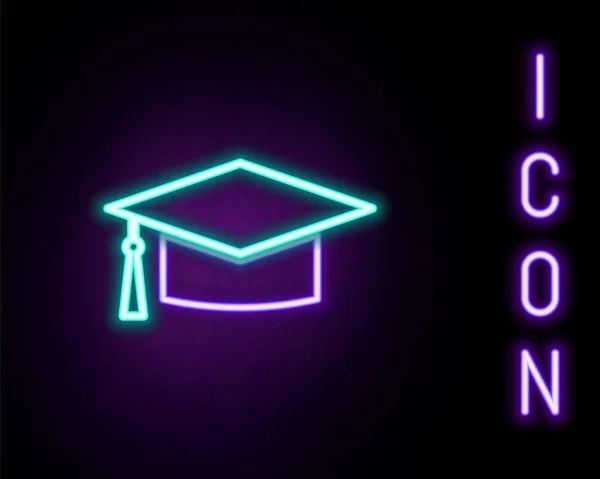 Leuchtende Leuchtschrift Graduation Cap Symbol Isoliert Auf Schwarzem Hintergrund Abschluss — Stockvektor
