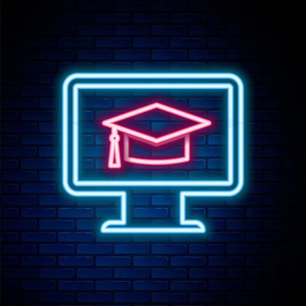 Glowing Neon Line Computer Monitor Graduation Cap Icon Isolated Brick — Stock Vector