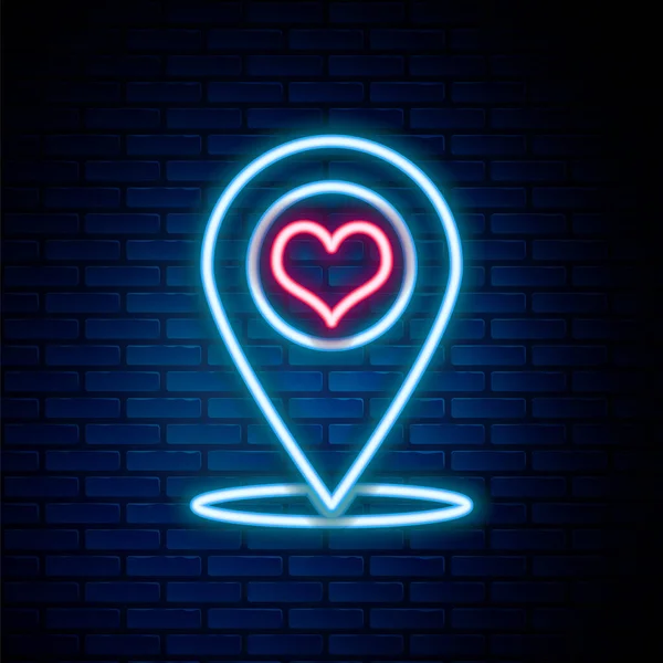 Leuchtende Neon Linie Kartenzeiger Mit Herz Symbol Isoliert Auf Backsteinwand — Stockvektor