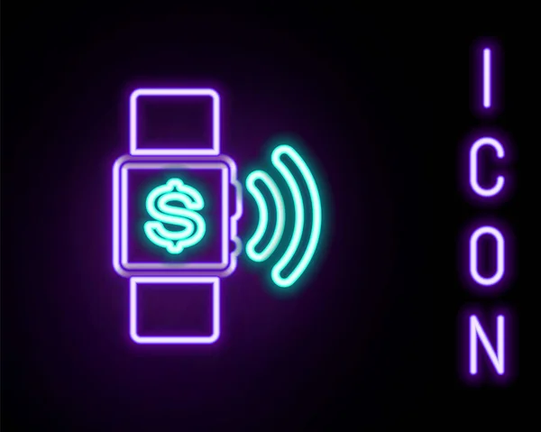 Žhnoucí Neonová Linka Bezkontaktní Platební Ikona Izolovaná Černém Pozadí Smartwatch — Stockový vektor