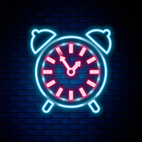 Icono Reloj Despertador Línea Neón Brillante Aislado Fondo Pared Ladrillo — Vector de stock