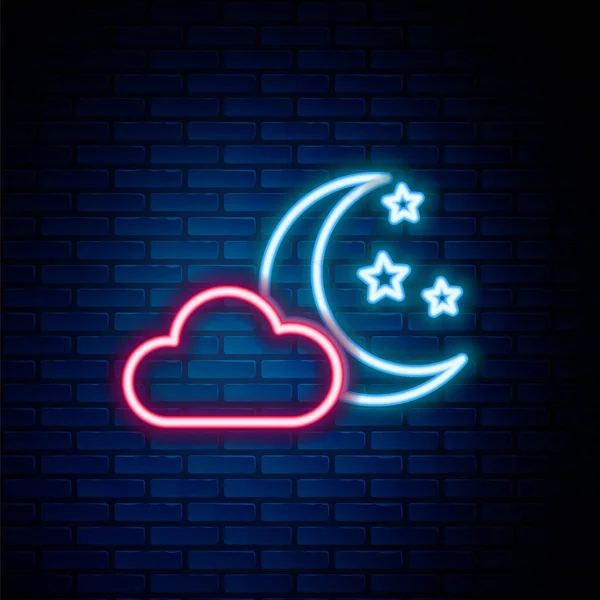 Glowing Neon Line Cloud Moon Stars Icon Isolated Brick Wall — Stock Vector