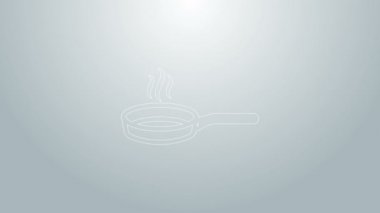 Mavi çizgi kızartma tavası simgesi gri arkaplanda izole edildi. Kızartma veya kızartma gıda sembolü. 4K Video hareketli grafik canlandırması