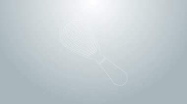 Mavi çizgi Mutfak çırpma simgesi gri arkaplanda izole edildi. Mutfak aletleri, yumurta çırpıcı. Çatal bıçak seti. Yemek karışımı sembolü. 4K Video hareketli grafik canlandırması