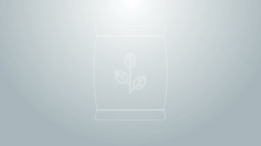 Mavi çizgi gübre torbası ikonu gri arkaplanda izole edilmiş. 4K Video hareketli grafik canlandırması