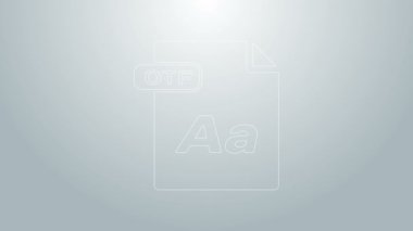 Mavi çizgi OTF dosya belgesi. Gri arkaplanda otf düğmesi simgesi indir. OTF dosya sembolü. 4K Video hareketli grafik canlandırması