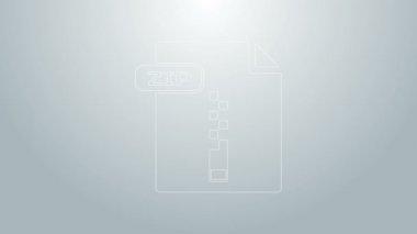 Mavi çizgi ZIP dosya belgesi. Gri arkaplanda zip düğmesi simgesi indir. Posta dosyası sembolü. 4K Video hareketli grafik canlandırması