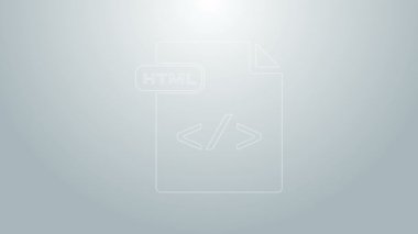 Mavi çizgi HTML dosya belgesi. Gri arkaplanda html düğmesi simgesi indir. HTML dosya simgesi. İşaretleme dili sembolü. 4K Video hareketli grafik canlandırması
