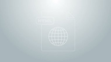 Mavi çizgi HTML dosya belgesi. Gri arkaplanda html düğmesi simgesi indir. HTML dosya simgesi. İşaretleme dili sembolü. 4K Video hareketli grafik canlandırması