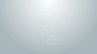 Mavi çizgi tıbbi şişe marihuana veya kenevir yaprağı ikonu gri arka planda izole. Kavanozlardaki kenevir yağı özlerini taklit et. 4K Video hareketli grafik canlandırması