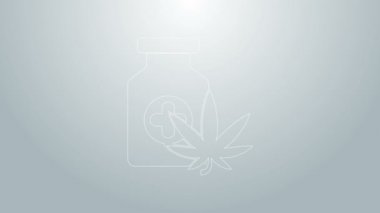 Mavi çizgi tıbbi şişe marihuana veya kenevir yaprağı ikonu gri arka planda izole. Kavanozlardaki kenevir yağı özlerini taklit et. 4K Video hareketli grafik canlandırması