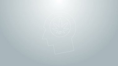 Mavi çizgili siluet erkek kafası profilinde marihuana ya da esrar yaprağı ikonu gri arka planda izole edilmiş. Marihuanayı yasallaştırma. Kenevir sembolü. 4K Video hareketli grafik canlandırması