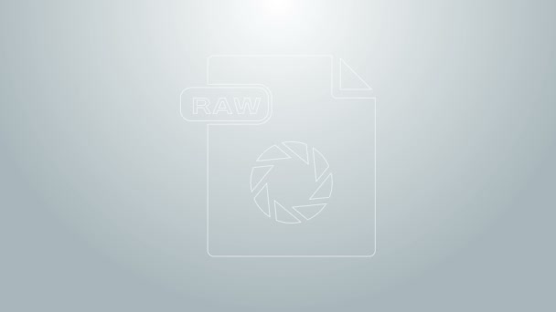 Dokument Modrá čára RAW. Stáhnout ikonu surového tlačítka izolované na šedém pozadí. Symbol souboru RAW. Grafická animace pohybu videa 4K — Stock video