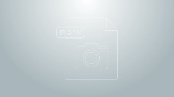 青い線RAWファイルのドキュメント。グレーの背景にある生のボタンアイコンをダウンロードします。RAWファイルのシンボル。4Kビデオモーショングラフィックアニメーション — ストック動画