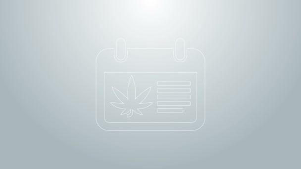 Linia albastră Calendar și marijuana sau pictograma frunzelor de canabis izolate pe fundal gri. Ziua naţională a buruienilor. Simbolul cânepei. 4K Animație grafică în mișcare video — Videoclip de stoc