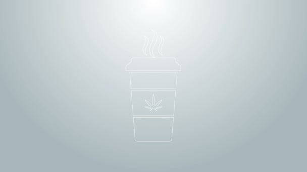 Blue line Tazza di caffè con marijuana o icona foglia di cannabis isolata su sfondo grigio. Legalizzazione della marijuana. Simbolo di canapa. Animazione grafica 4K Video motion — Video Stock