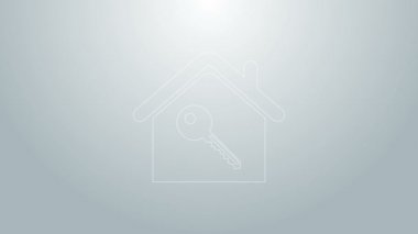 Gri arkaplanda anahtar simgesi olan mavi çizgi evi. Ev anahtarının konsepti. 4K Video hareketli grafik canlandırması
