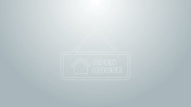 Mavi çizgi asma işareti ve gri arkaplanda açık ev simgesi var. Açık Ev 'in yazılı olduğu tabela. 4K Video hareketli grafik canlandırması