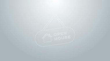 Mavi çizgi asma işareti ve gri arkaplanda açık ev simgesi var. Açık Ev 'in yazılı olduğu tabela. 4K Video hareketli grafik canlandırması