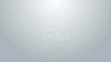 Gri arkaplanda satılık simgesiyle mavi çizgi asılı. Satılık mesajlı pano. 4K Video hareketli grafik canlandırması