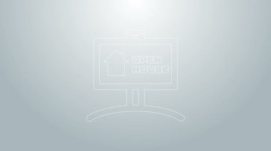 Mavi çizgi asma işareti ve gri arkaplanda açık ev simgesi var. Açık Ev 'in yazılı olduğu tabela. 4K Video hareketli grafik canlandırması