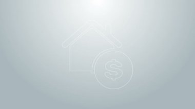 Gri arkaplanda dolar sembolü olan mavi çizgi evi. Ev ve para. Emlak konsepti. 4K Video hareketli grafik canlandırması