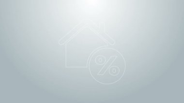 Gri arkaplanda özel indirimli etiket simgesine sahip mavi çizgi evi. Evin yüzdesi tabela fiyatı. Emlak evi. Kredi yüzdesi sembolü. 4K Video hareketli grafik canlandırması