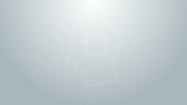 Mavi Çizgili Adam gri arka planda izole edilmiş yeni bir ev ikonu almayı hayal ediyor. 4K Video hareketli grafik canlandırması