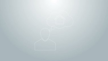 Mavi Çizgili Adam gri arka planda izole edilmiş yeni bir ev ikonu almayı hayal ediyor. 4K Video hareketli grafik canlandırması