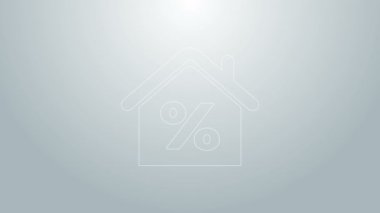 Gri arkaplanda özel indirimli etiket simgesine sahip mavi çizgi evi. Evin yüzdesi tabela fiyatı. Emlak evi. Kredi yüzdesi sembolü. 4K Video hareketli grafik canlandırması