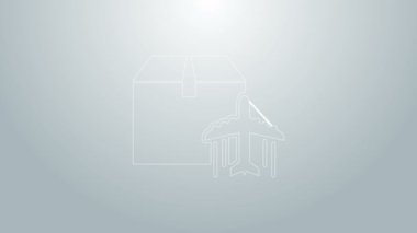 Mavi çizgi uçak ve karton kutu simgesi gri arkaplanda izole edildi. Teslimat, ulaşım. Kargo hava yoluyla geliyor. Paketli uçaklar, kutular. 4K Video hareketli grafik canlandırması