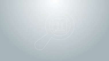 Mavi çizgi Arama paketi simgesi gri arkaplanda izole edildi. Paket izleme sembolü. Büyüteç ve karton kutu. Lojistik ve teslimat. 4K Video hareketli grafik canlandırması