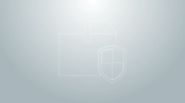 Mavi çizgi teslimat paketi güvenlik sembolü ve gri arka planda izole edilmiş kalkan simgesi. Teslimat sigortası. Kalkanın ötesinde sigorta kutuları var. 4K Video hareketli grafik canlandırması