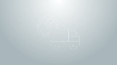 Mavi çizgi lojistik teslimat kamyonu ve saat simgesi gri arka planda izole edildi. Teslimat zamanı ikonu. 4K Video hareketli grafik canlandırması