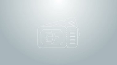 Mavi Hat Havayolları bilet ikonu gri arka planda izole edildi. Uçak bileti. 4K Video hareketli grafik canlandırması