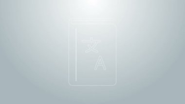 Mavi çizgi çevirmen kitabı simgesi gri arkaplanda izole edildi. Sohbet balonunda yabancı dil konuşma simgeleri. Çeviri konsepti. 4K Video hareketli grafik canlandırması