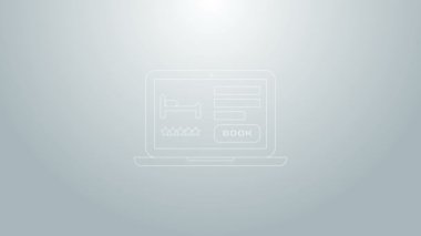 Blue Line Online otel rezervasyon ikonu gri arka planda izole edildi. Dizüstü bilgisayar için online dizayn konsepti. 4K Video hareketli grafik canlandırması