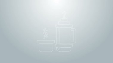 Mavi çizgi termos konteynır simgesi gri arkaplanda izole edildi. Termo matara ikonu. Kamp ve yürüyüş ekipmanları. 4K Video hareketli grafik canlandırması
