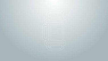 Mavi çizgi termos konteynır simgesi gri arkaplanda izole edildi. Termo matara ikonu. Kamp ve yürüyüş ekipmanları. 4K Video hareketli grafik canlandırması
