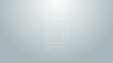 Mavi çizgi termos konteynır simgesi gri arkaplanda izole edildi. Termo matara ikonu. Kamp ve yürüyüş ekipmanları. 4K Video hareketli grafik canlandırması