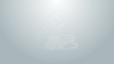 Mavi çizgi tahta balta ve ahşap ikon gri arka planda izole edilmiş. Oduncu baltası. 4K Video hareketli grafik canlandırması