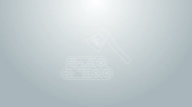 Mavi çizgi tahta balta ve ahşap ikon gri arka planda izole edilmiş. Oduncu baltası. 4K Video hareketli grafik canlandırması